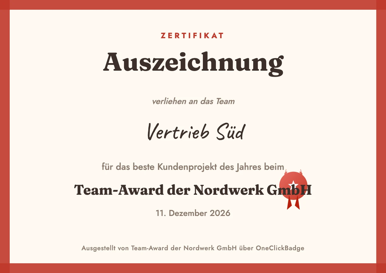 Festliche Auszeichnung mit rotem Rahmen für einen Team-Award