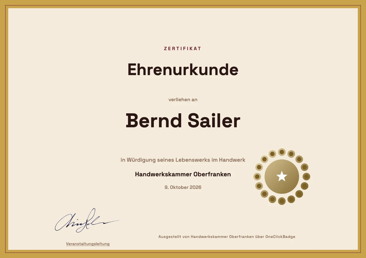 Ehrenurkunde mit Ornament-Rahmen und Siegel einer Handwerkskammer