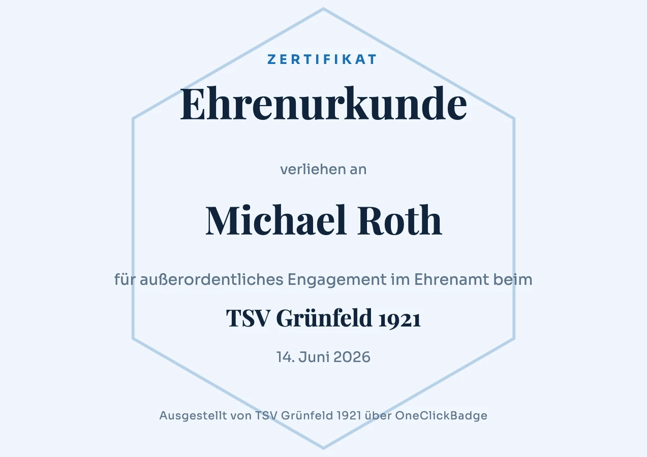 Ehrenurkunde mit Wappenform für Engagement im Sportverein