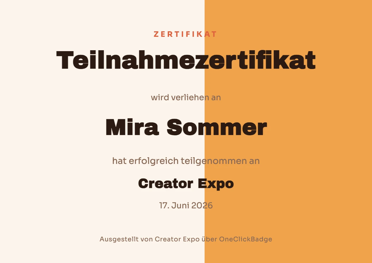 Zertifikat-Vorlage mit orangefarbenem Farbblock zur Creator Expo