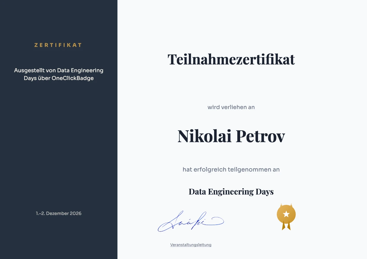 Dossier-Vorlage mit dunkler Seitenspalte für Data Engineering Days