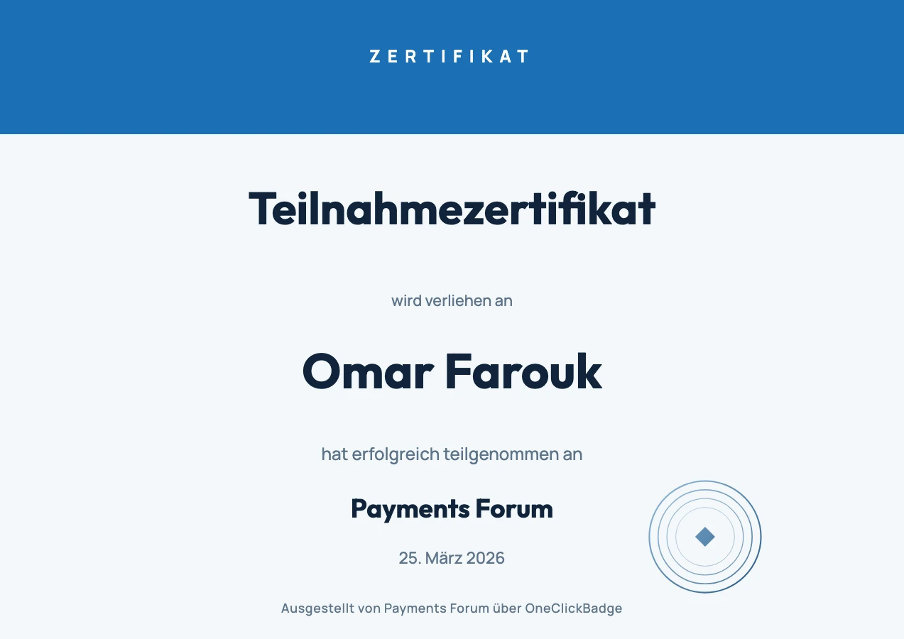 Zertifikat-Vorlage mit blauem Kopfband zum Payments Forum
