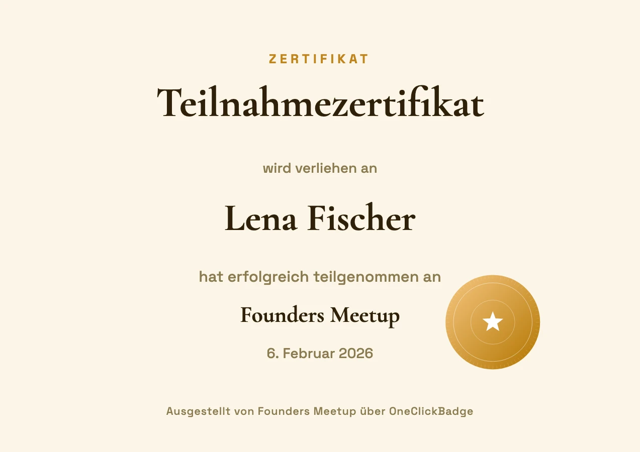Helle Zertifikat-Vorlage mit Stern-Siegel für ein Founders Meetup